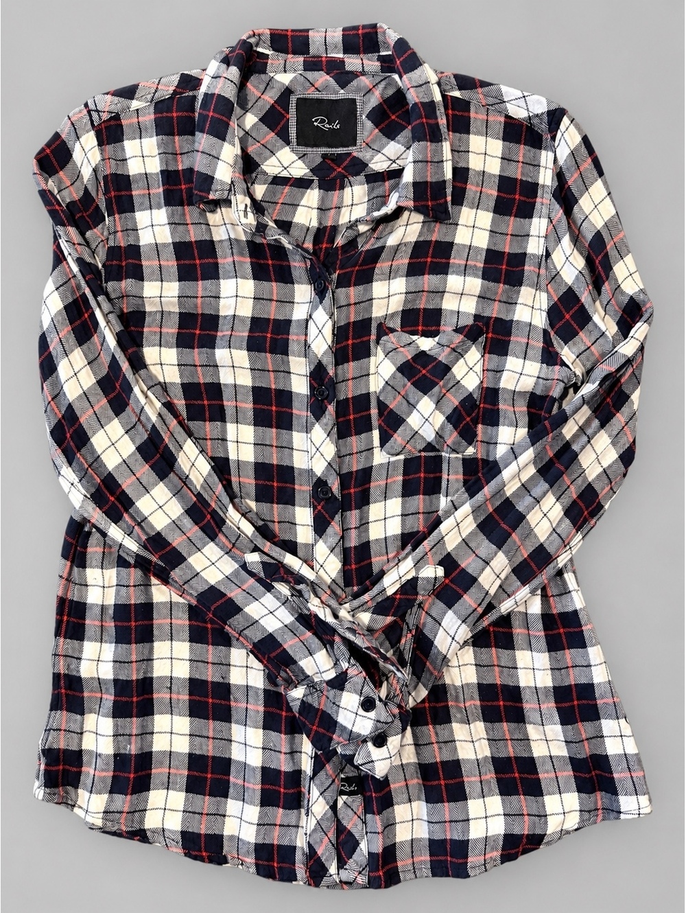 Rails Women's Medium Navy Blue, White, and Red Plaid Button-Up Shirt